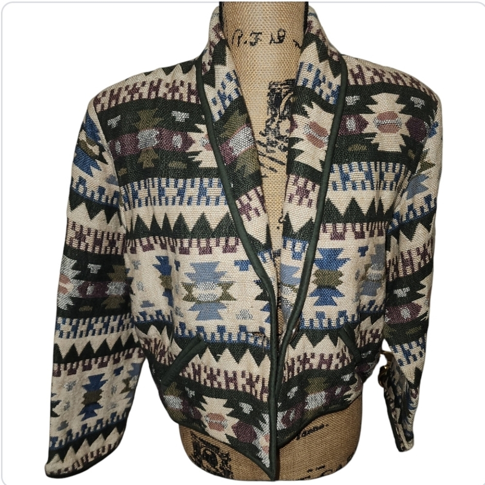 New Identity Vtg 80s Cropped Tapestry Bolero Jacket Sz SMALL Bohowestern Cowgirl